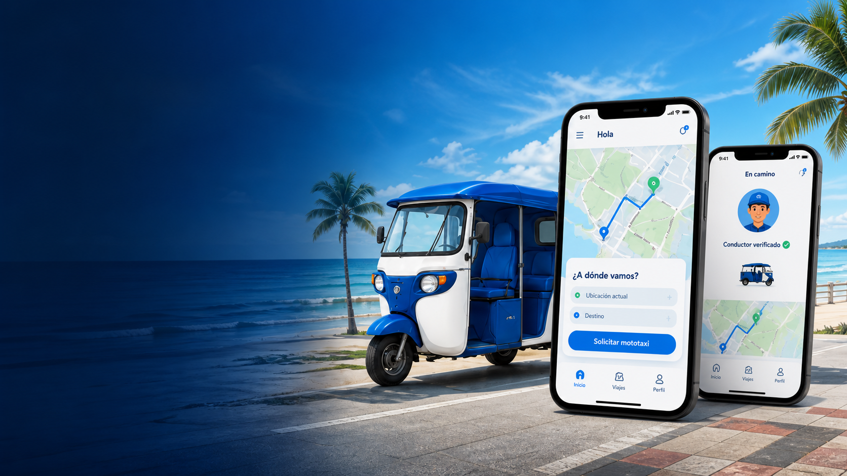 Mototaxi Costa-Go y dos teléfonos con la aplicación frente a la costa